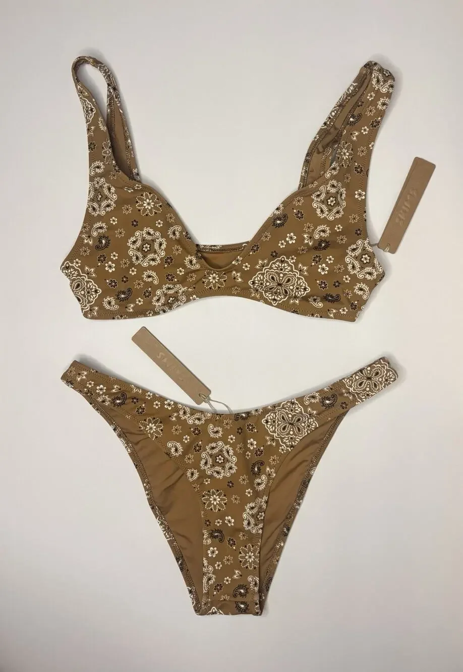 SKIMS Signature Plunge Top and Tanga Bottom Bikini Set Almond Bandana Sz S NWT